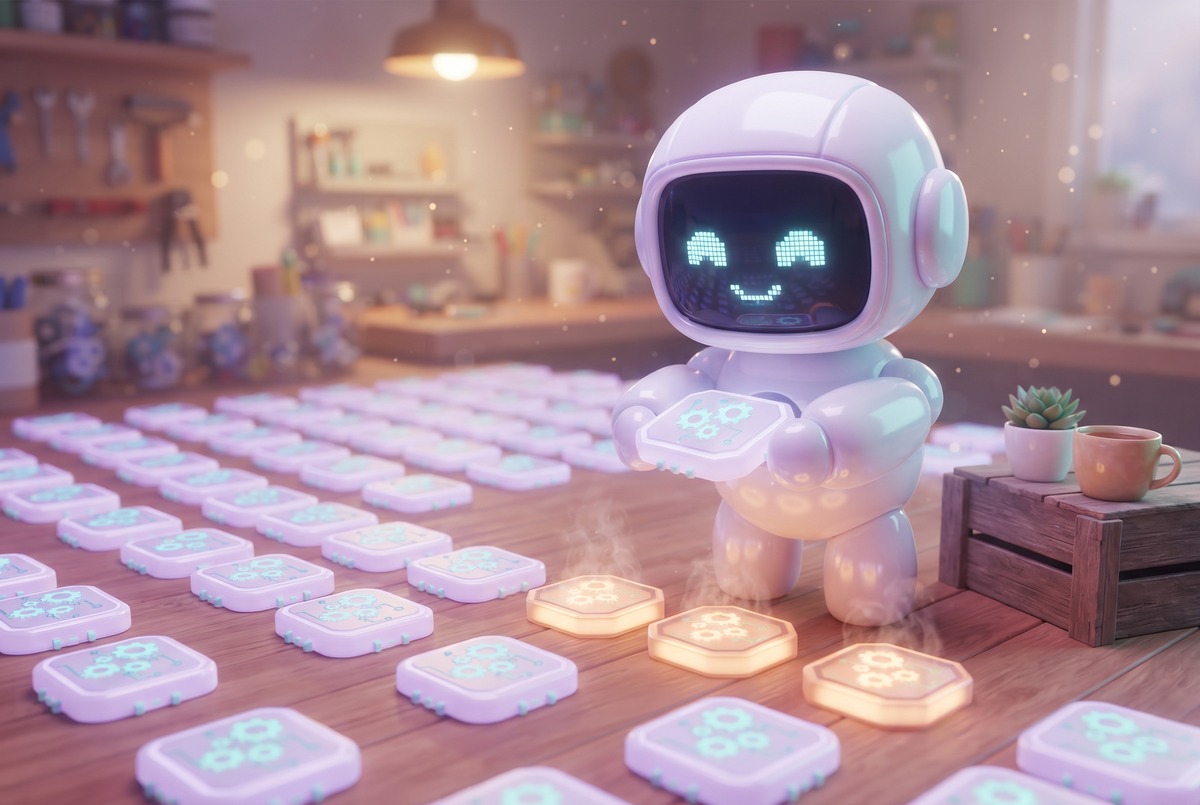 Robot adding one more tile to rows of running workflows, three glowing warm because they failed