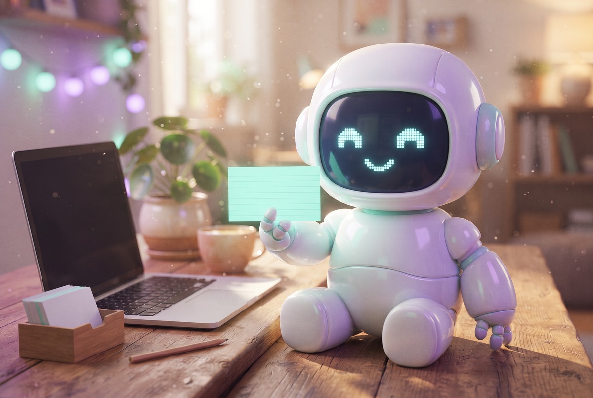 Robot at a laptop holding up a blank index card, like a generator for an internal links skill