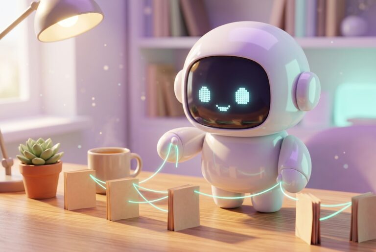Robot joining small paper booklets with glowing threads, like internal links between blog posts