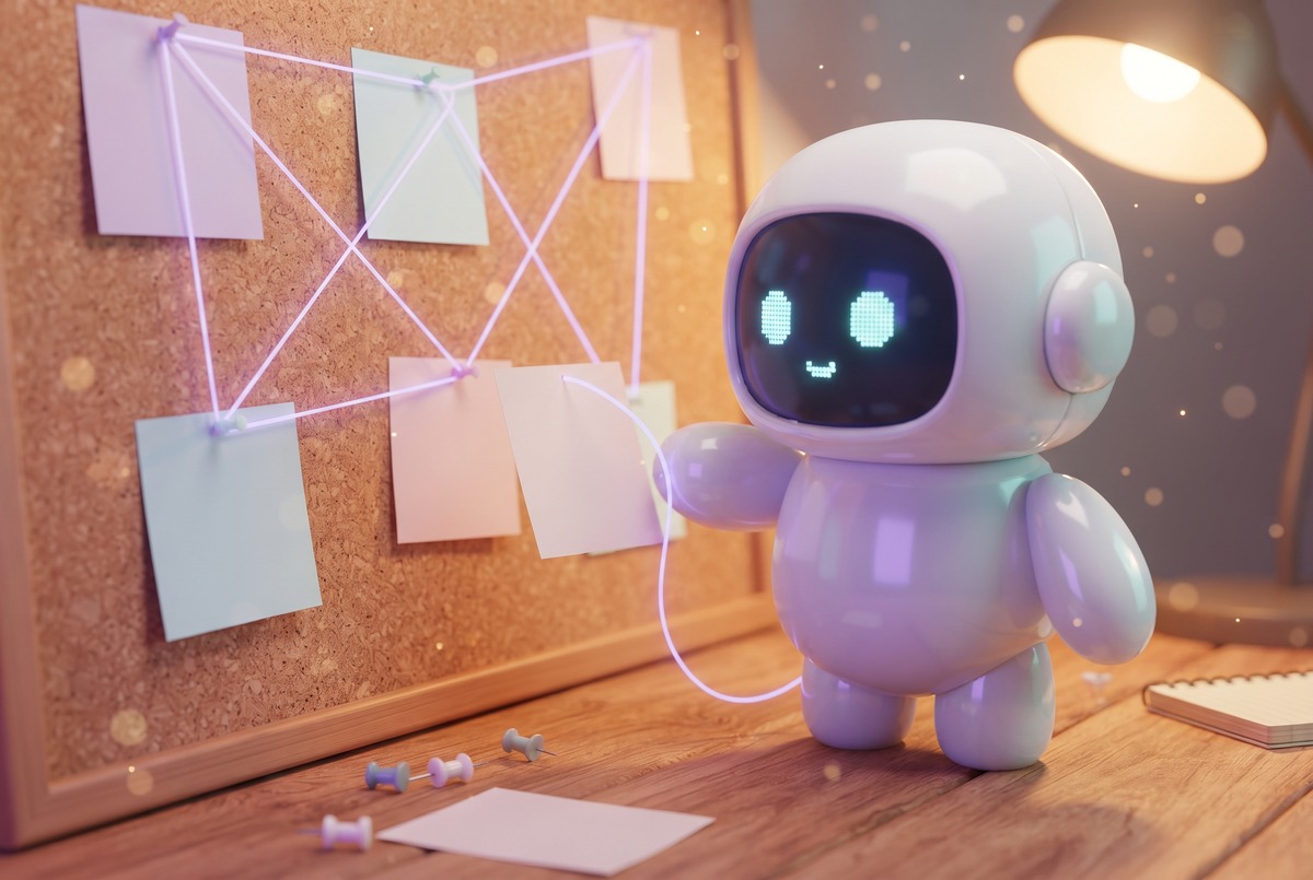 Robot pinning a string to the last unlinked card on a cork board, like adding internal links to an orphan post