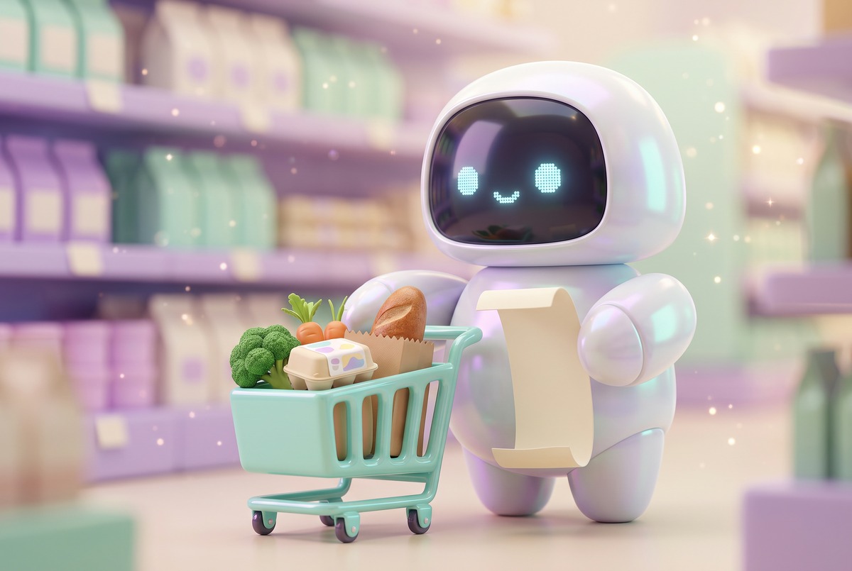 Robot with a grocery cart and one combined shopping list from an app to save recipes from websites