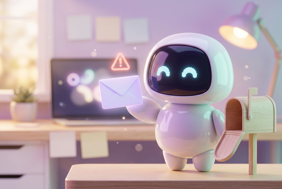 A robot holds up an alert email from its n8n error workflow next to a small wooden mailbox