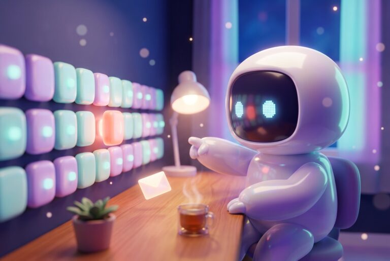 A robot at a desk points at the one glowing tile that failed, the idea behind an n8n error workflow