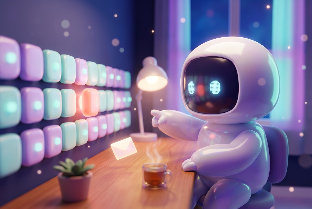 A robot at a desk points at the one glowing tile that failed, the idea behind an n8n error workflow