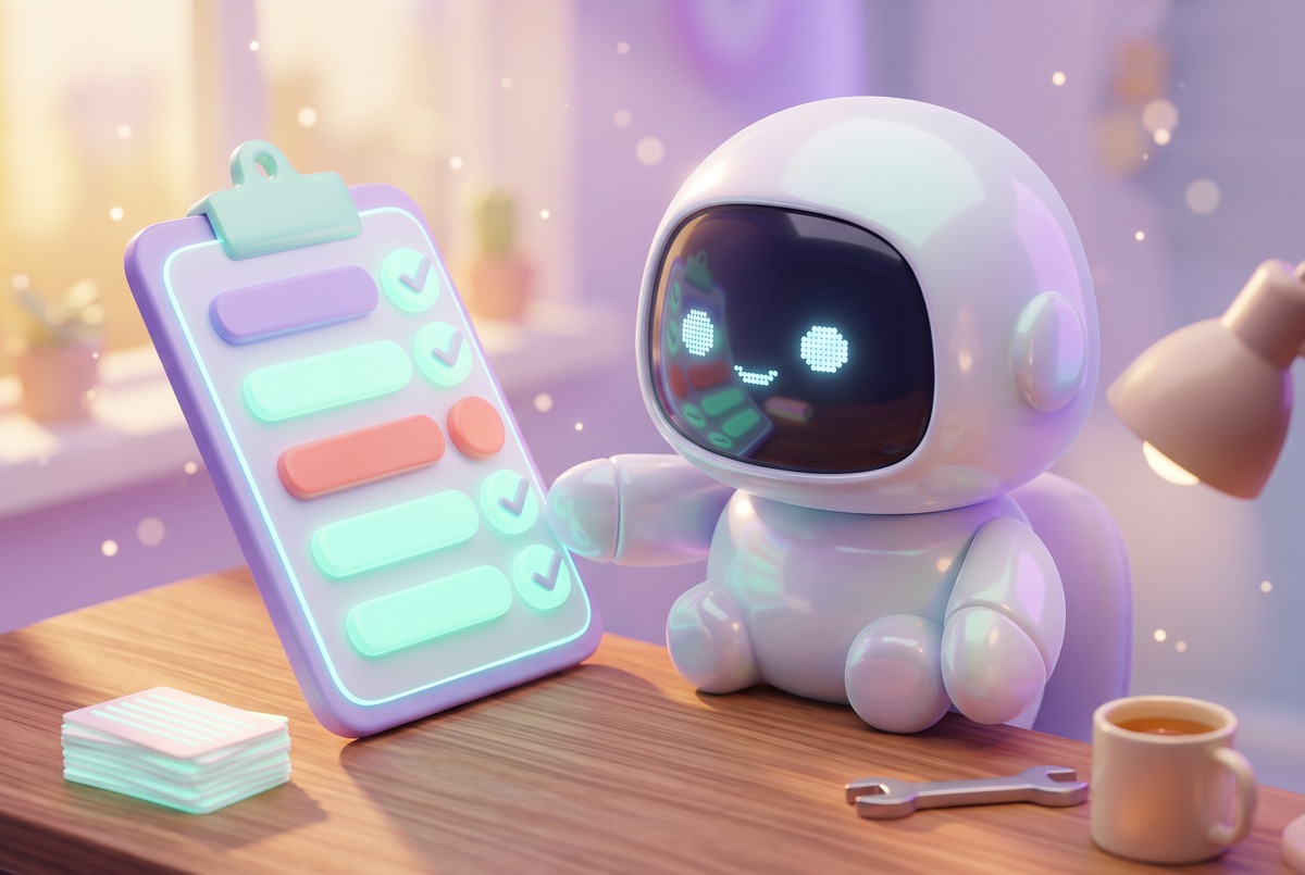 A robot checks off a to-do list where one n8n error workflow item is still waiting to be fixed