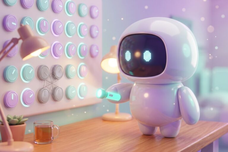 Robot shining a flashlight on silent dials, like an n8n schedule trigger not working while others keep ticking