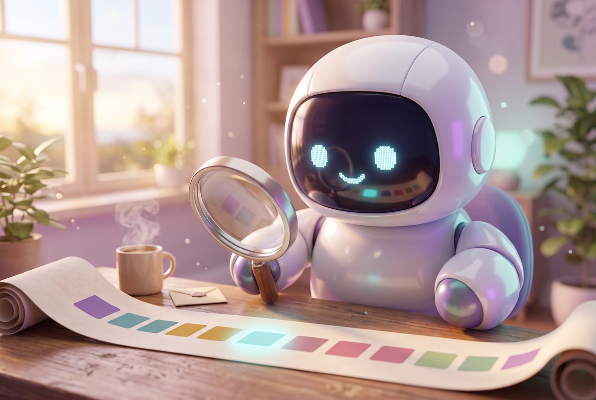 Robot checking a scroll of colored squares with a magnifying glass, spotting a clump in the social media schedule