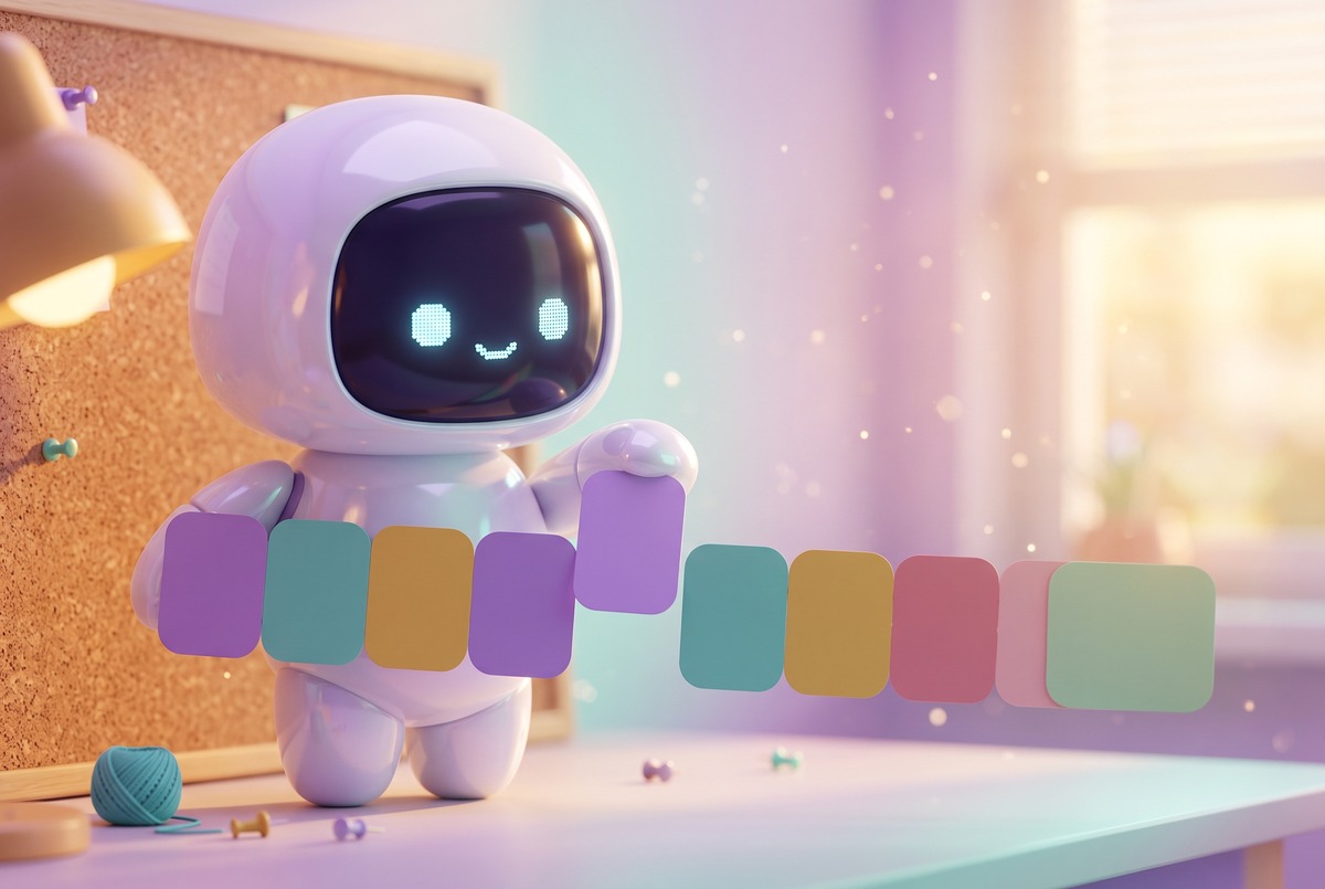 Robot moving a purple card out of a pair so the schedule row alternates colors, like an n8n social media scheduler