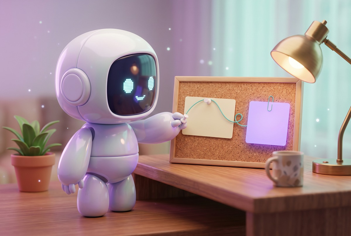 Robot pinning a blank idea card next to a glowing video card, the brief an n8n TikTok automation writes