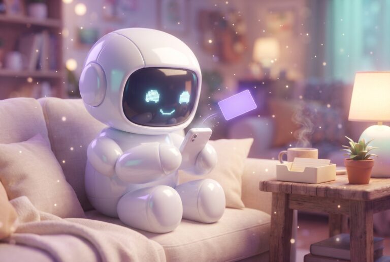 Robot on a couch tapping share on a phone, an n8n TikTok automation sending an idea card to a tray