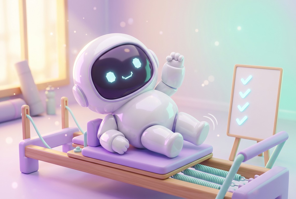 Friendly robot on a reformer beside a checklist, the idea behind my Pilates progress tracker