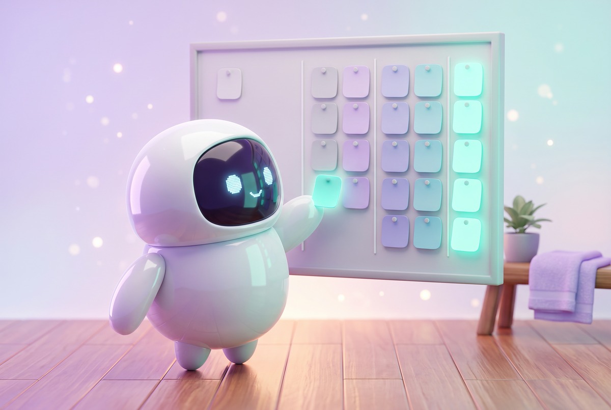 Robot moving a card across a five-column board, how the Pilates progress tracker ranks each move