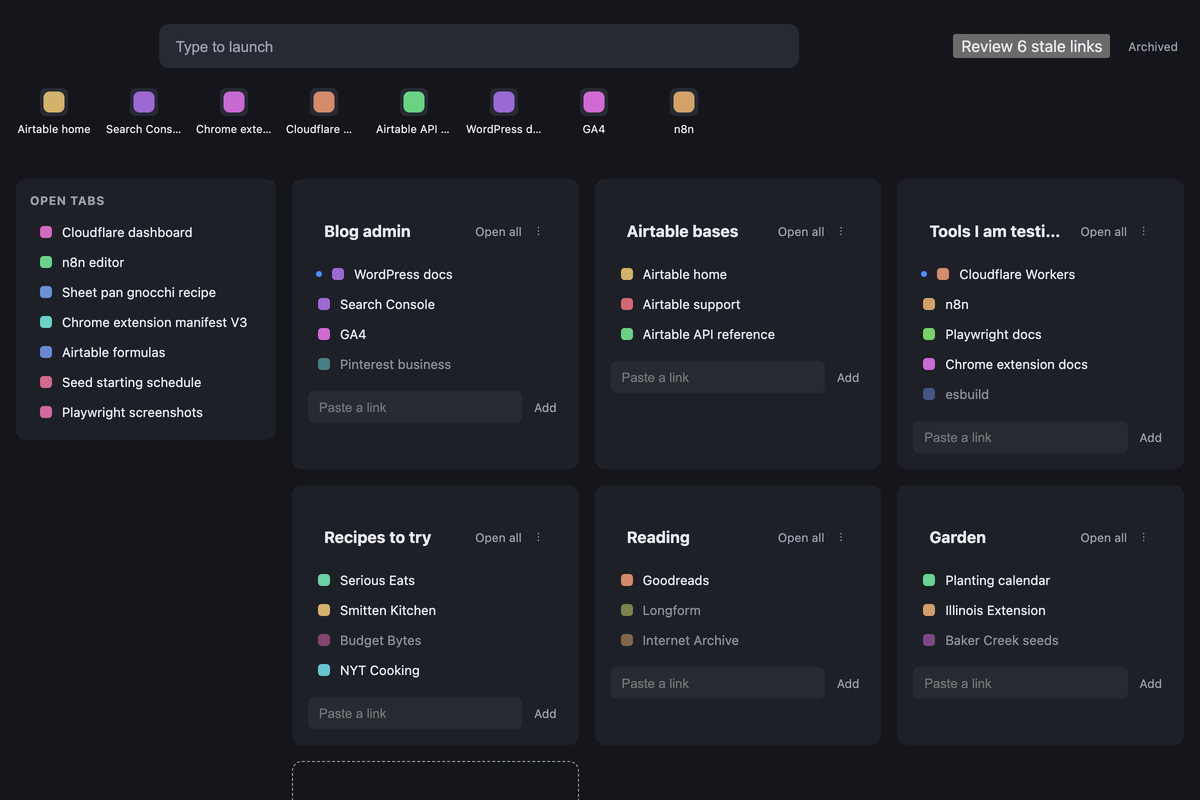My new tab page extension with demo collections, open tabs panel and frequent row, built to replace Toby