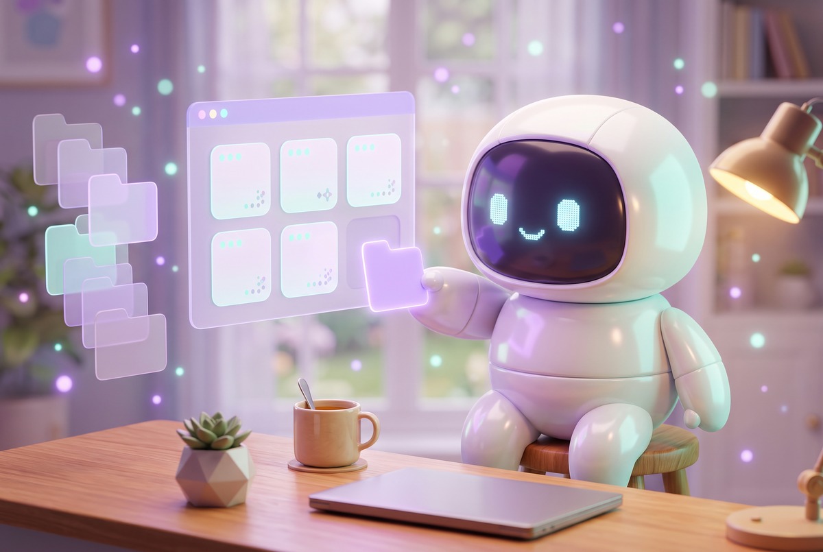Friendly robot dragging a tab into a tidy grid on a floating browser window, my extension to replace Toby