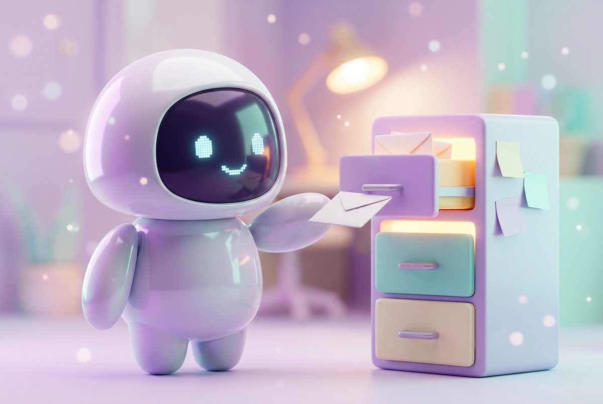 Robot slides an envelope into the glowing top drawer of a pastel filing cabinet, like Gmail labels sorted with AI