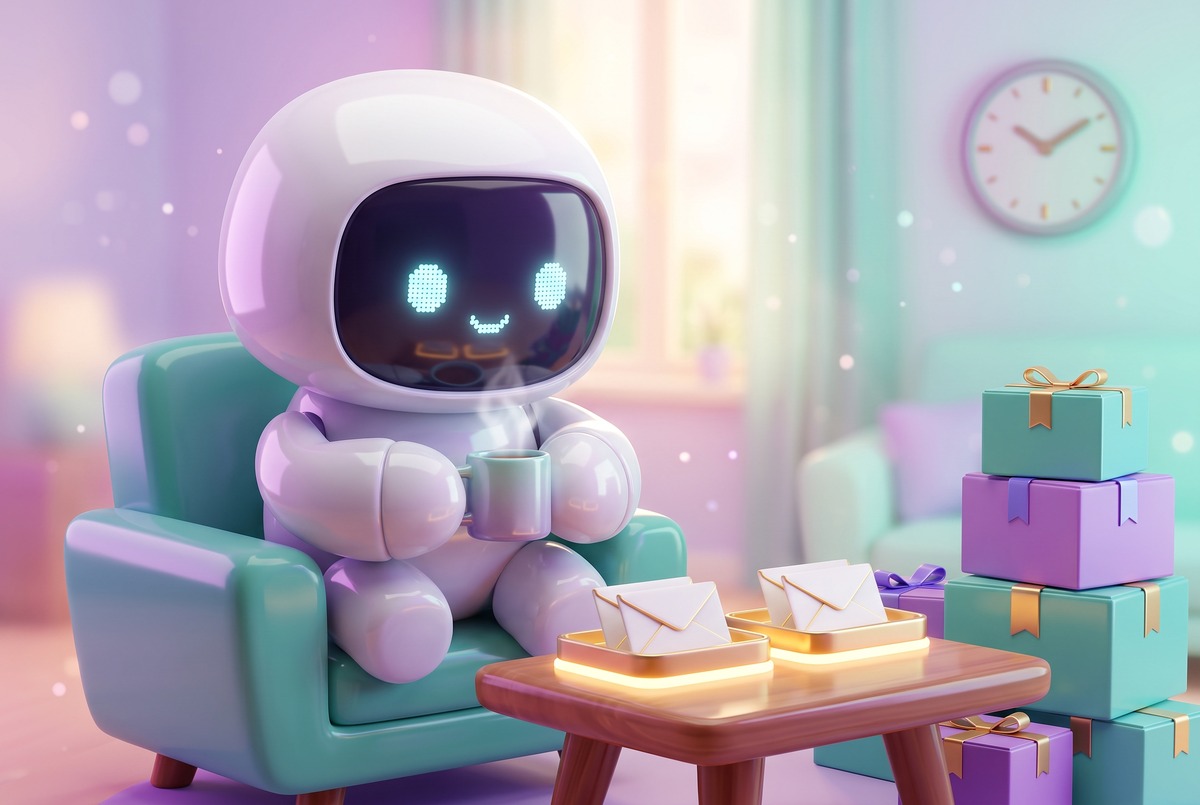Robot relaxes with a mug beside two trays of envelopes, the open-first labels after I sort Gmail with AI