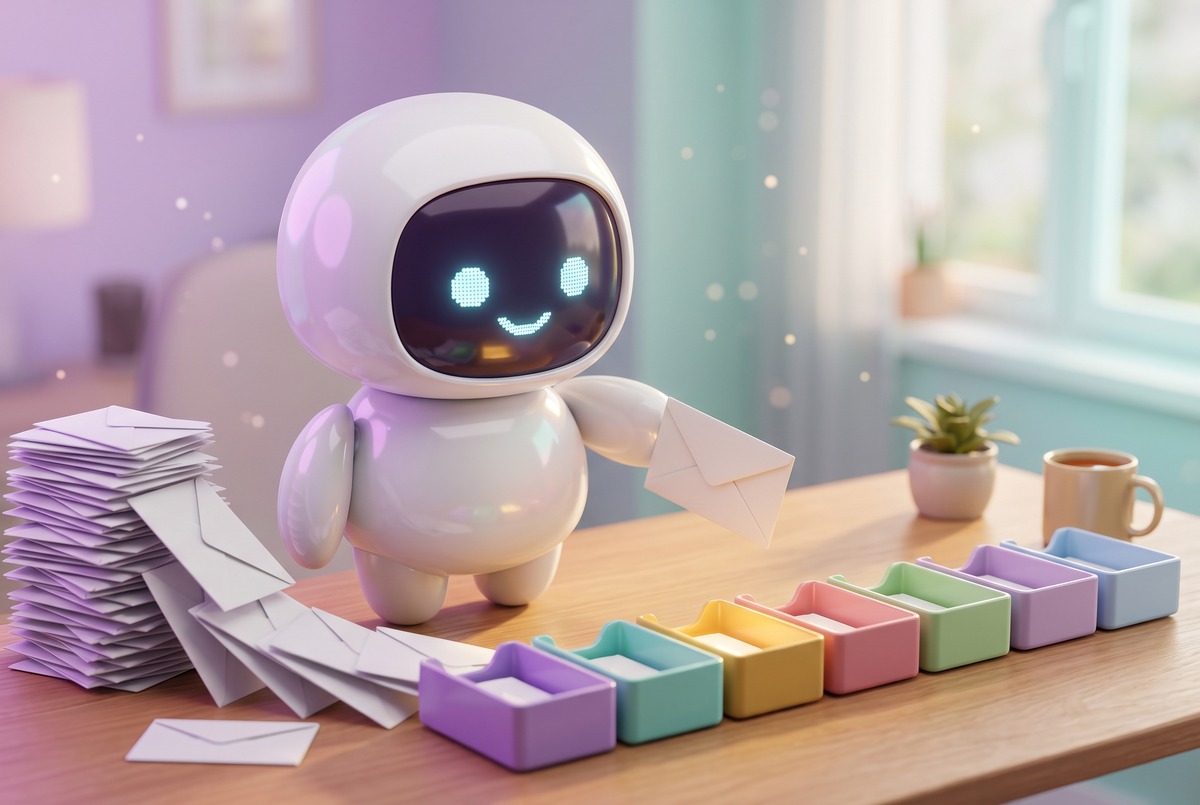 A white robot sorts a pile of envelopes into seven pastel trays on a desk, showing how I sort Gmail with AI