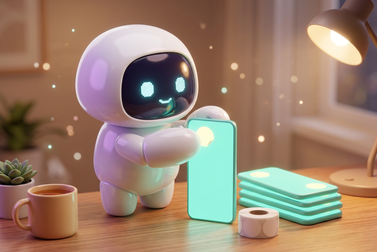 Robot pressing a disclosure badge onto a vertical clip beside a stack of finished Shorts