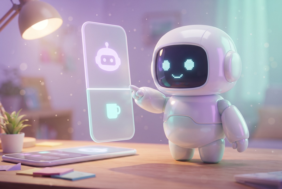 Robot pointing at a vertical frame split into a face half and a product half, the stacked layout for Shorts