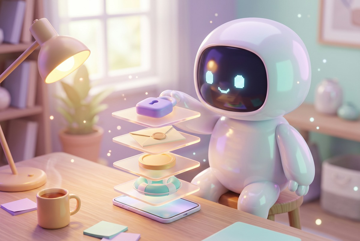 Robot stacks four glass layers over a phone: a padlock, a sealed envelope, a gold coin and a life ring