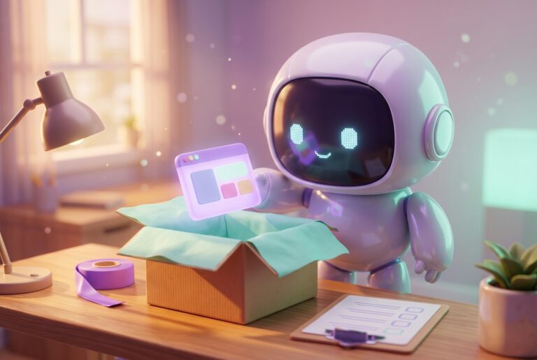 Web app launch checklist: a white robot packs a small glowing app window into a box beside a blank checklist