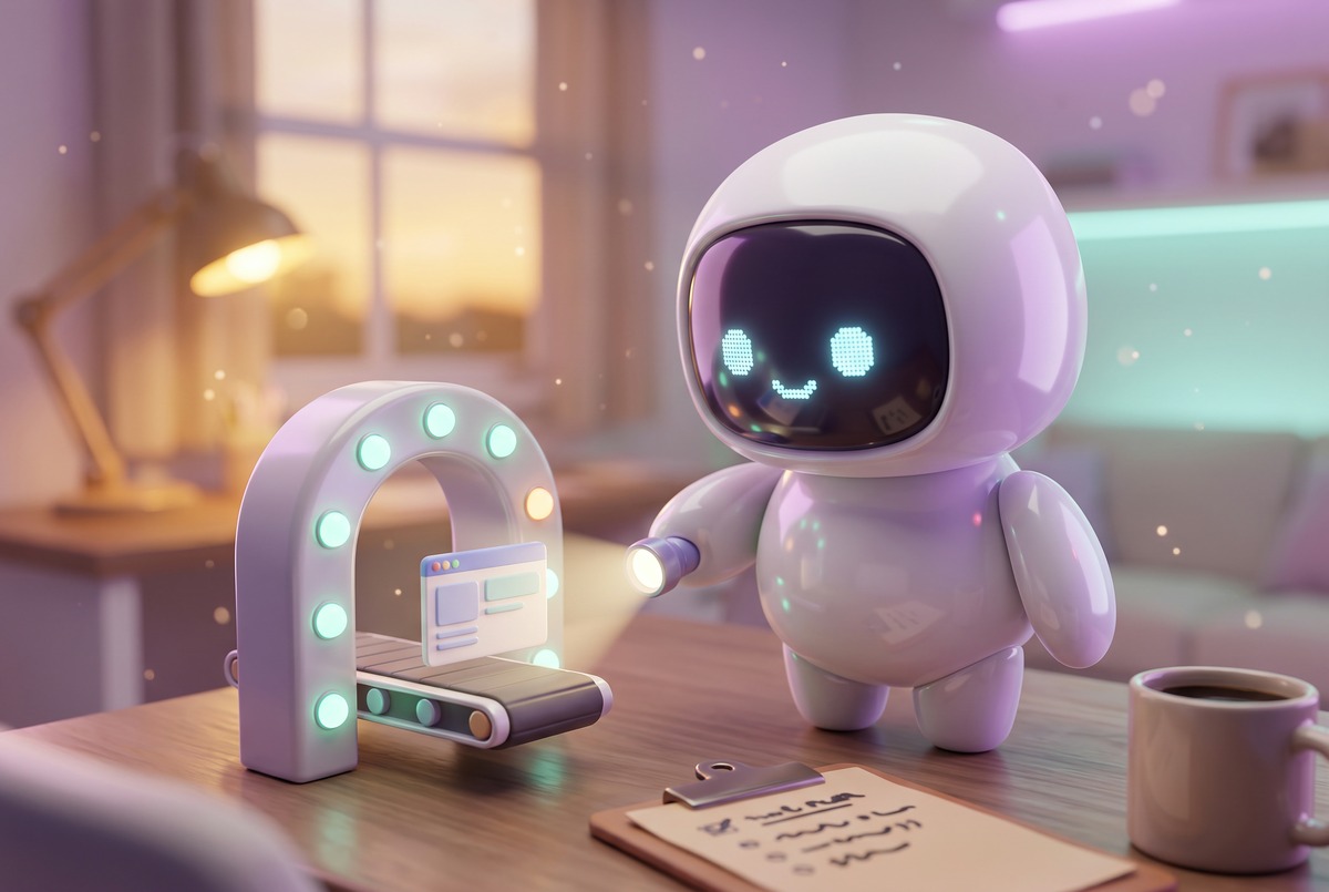 Robot shines a flashlight on an app window passing through a lit test gate, one light glowing amber