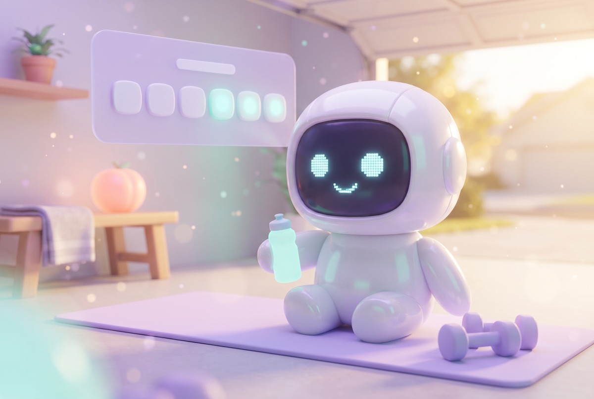 Robot resting on a yoga mat in a garage next to dumbbells, a workout tracker without streaks showing three lit days