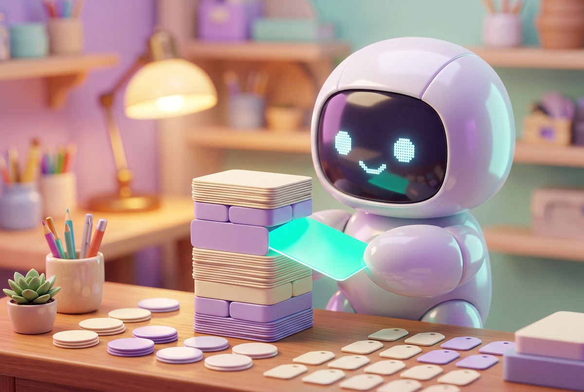 Robot slides one glowing teal card into a stack of matching template cards beside rows of tag chips