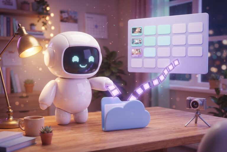 Robot drops video film strips into a cloud folder that flow up to a screen of published video tiles