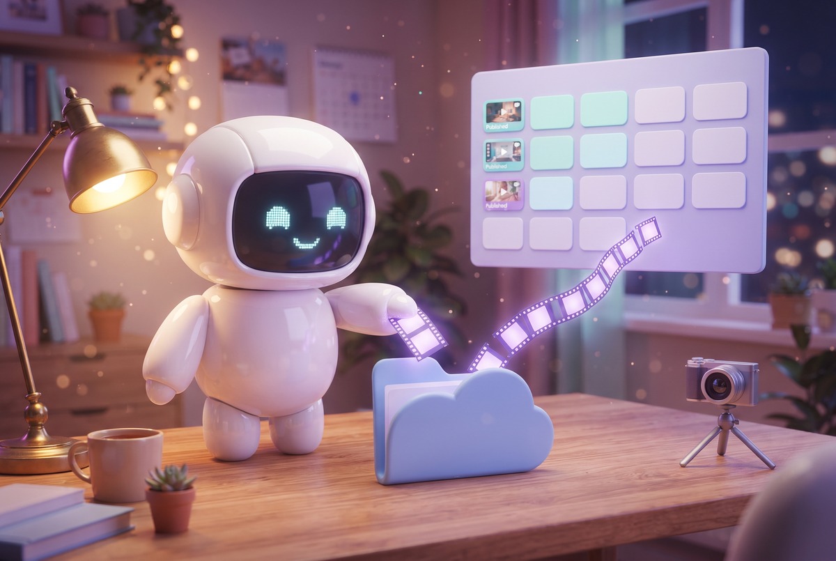 Robot drops video film strips into a cloud folder that flow up to a screen of published video tiles