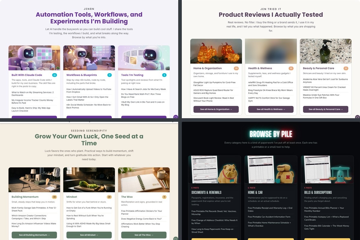 Four blog categories pages side by side, each in its own colors, all built by the same workflow