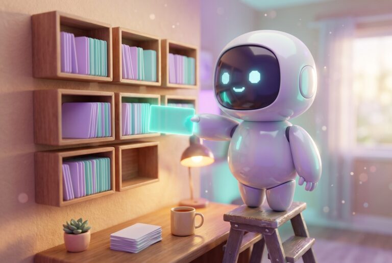 Robot on a step stool slides a glowing card into tidy wall shelves, like a blog categories page filling itself