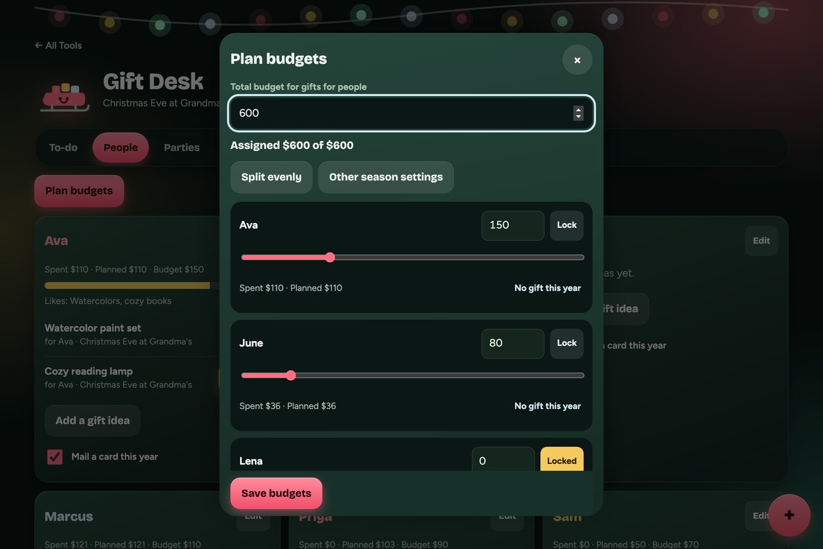 Christmas gift tracker budget planner splitting a $600 total between people with sliders, sample data