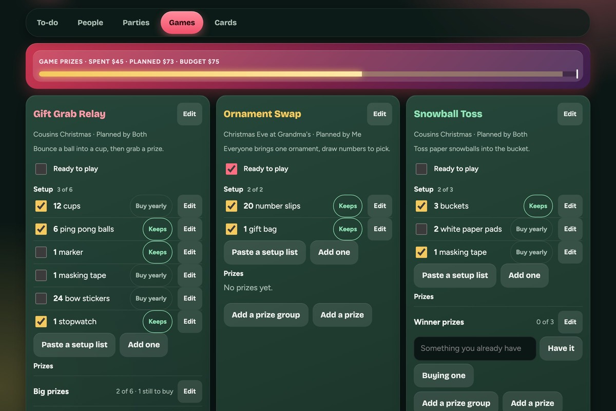 Christmas gift tracker Games tab with setup lists, Keeps or Buy yearly tags and prize counts, sample data