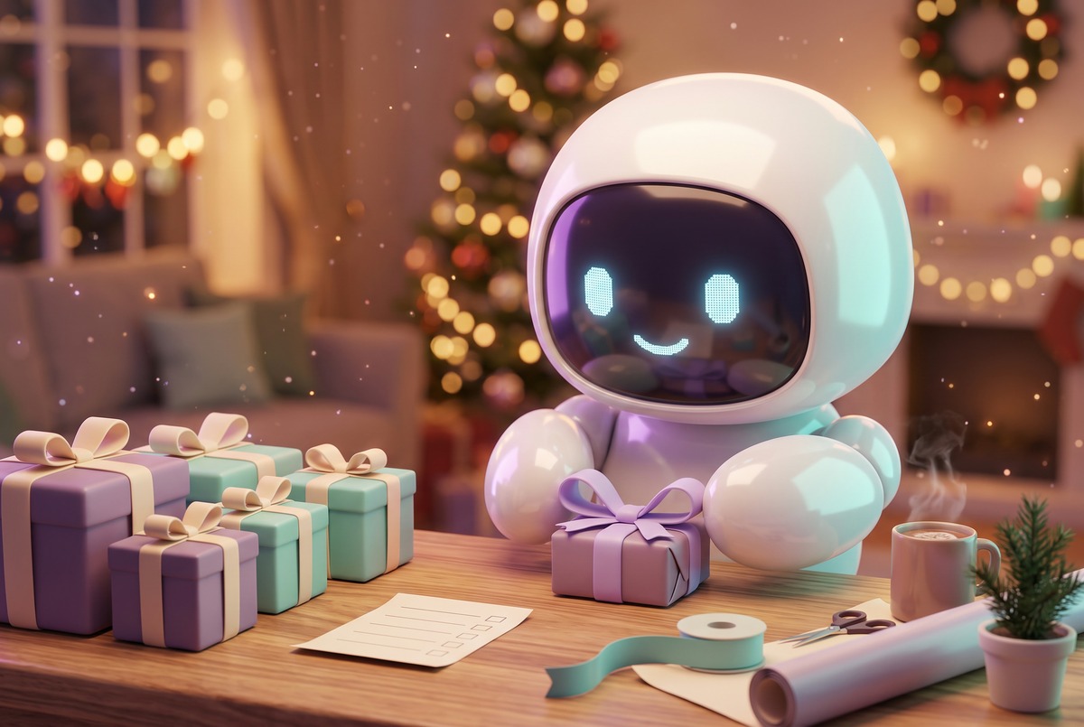 A white robot ties a purple bow on a gift beside wrapped presents and a blank Christmas gift tracker checklist