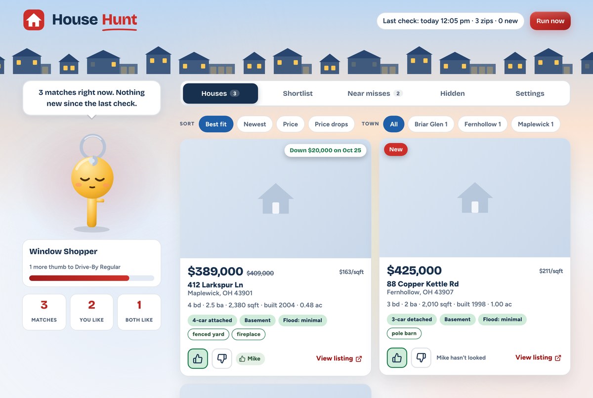 House hunting tracker app with demo data showing matched houses, garage and flood badges, and thumbs up votes