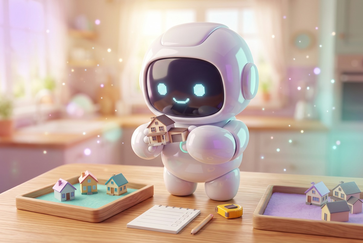 Robot sorting tiny model houses into keep and pass trays for a house hunting tracker