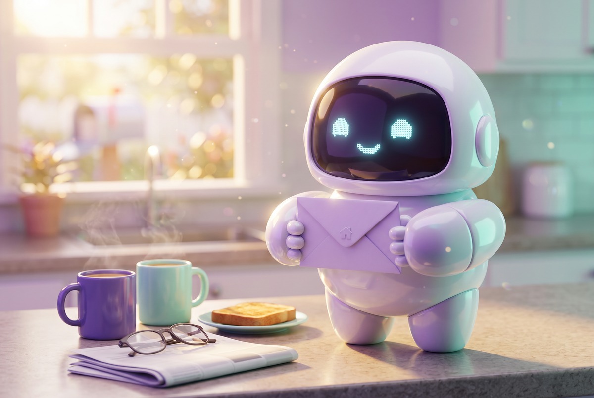 Robot holding a lavender envelope with a house on it beside two coffee mugs, the morning house hunting tracker email