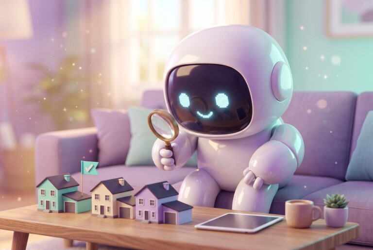 House hunting tracker robot on a purple couch holding a magnifying glass over tiny model houses