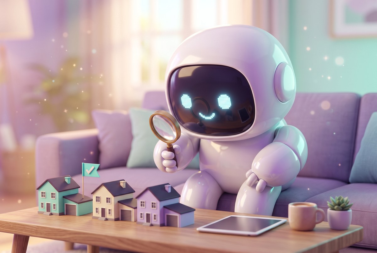 House hunting tracker robot on a purple couch holding a magnifying glass over tiny model houses
