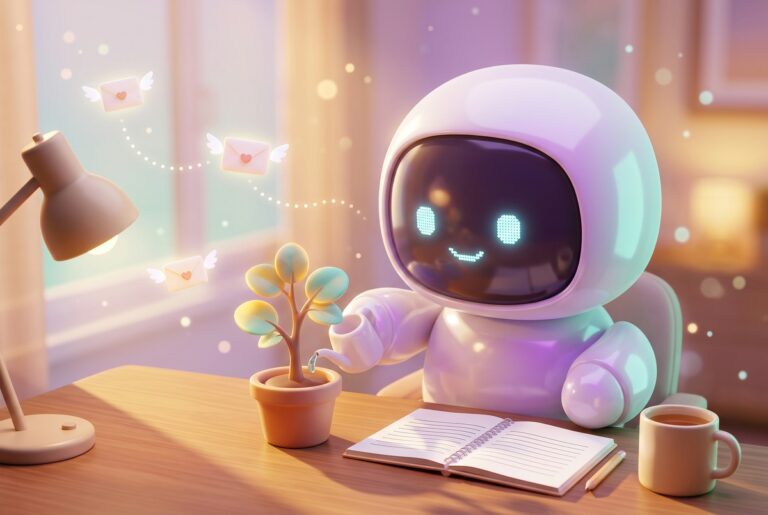 Irregular income tracker idea: a white robot waters a sapling at a desk while winged envelopes fly in