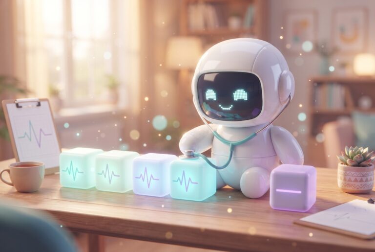 Robot with a stethoscope checks a row of glowing cubes with pulse lines, like an n8n monitoring dashboard
