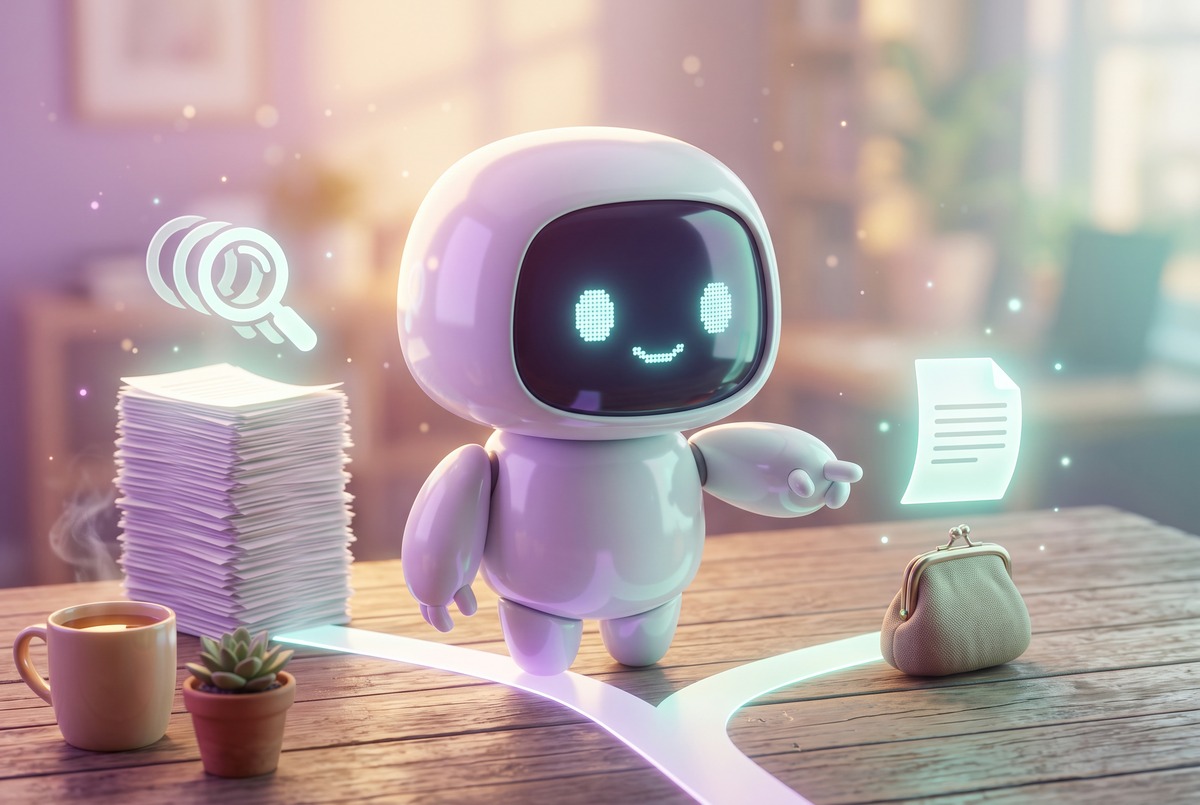 A smiling robot points to the single-page path instead of the stack of search pages to cut n8n workflow cost