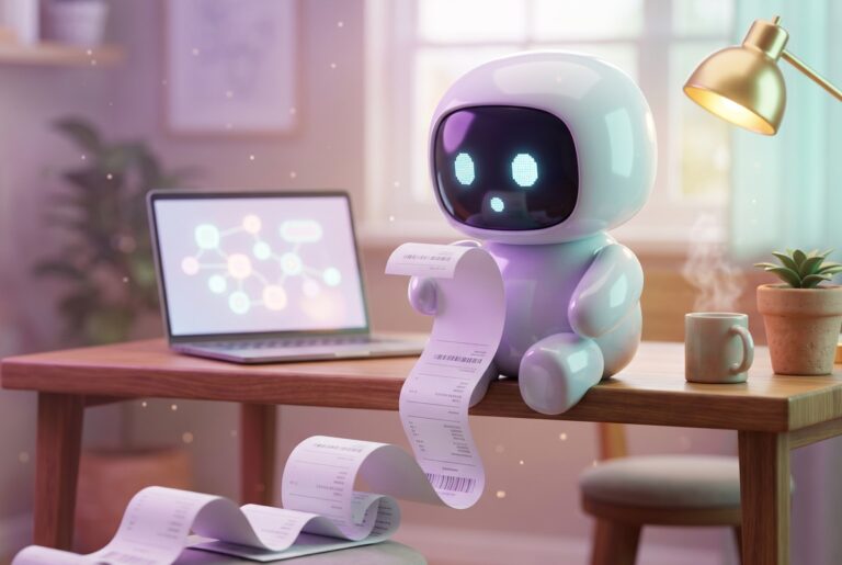 A surprised white robot holds a long receipt spilling off a desk next to a laptop, showing n8n workflow cost