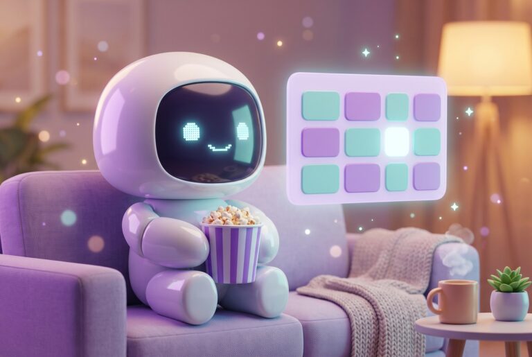 A robot with popcorn on a couch picks what to watch on my streaming services from a glowing grid of tiles