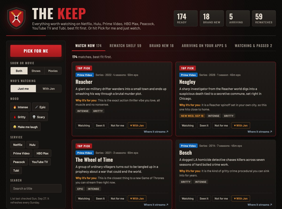The Keep, my husband's what to watch dashboard, with Pick for me, mood filters and With Jen buttons