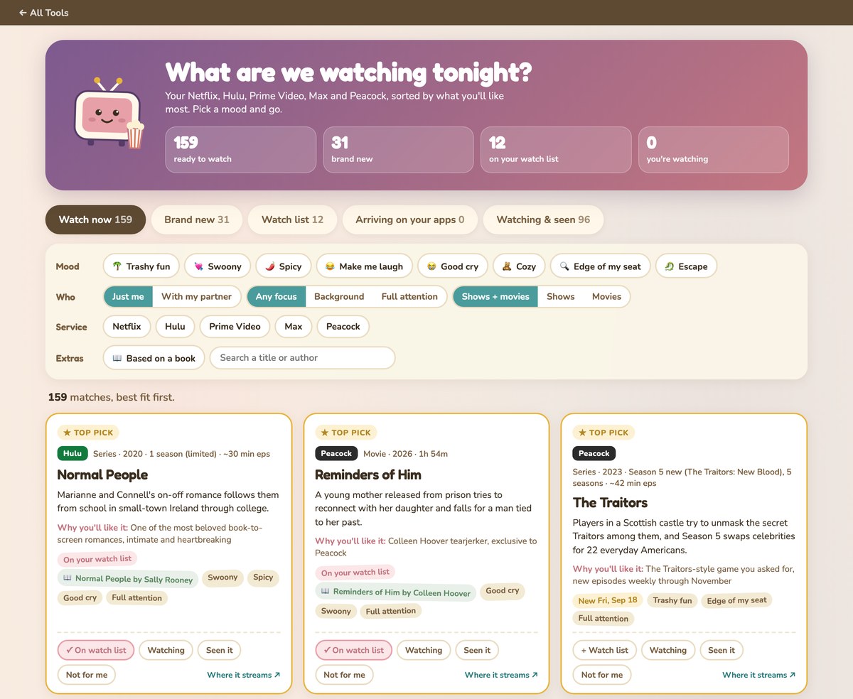 Tonight's Watch dashboard showing what to watch on my streaming services, with mood filters and top picks